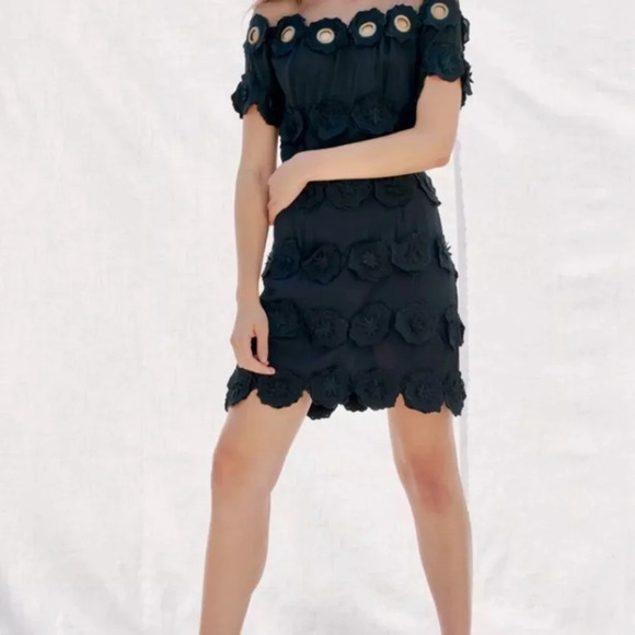 Free People Mini Dress Black Crepe Appliqué Grommet Mesh Neckline - Picture 5 of 14